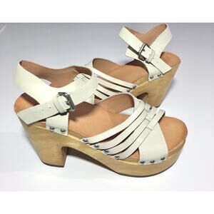 Frye and Co Greta Wooden Clog Platform Sandals 8 Cream Leather Straps Block Heel